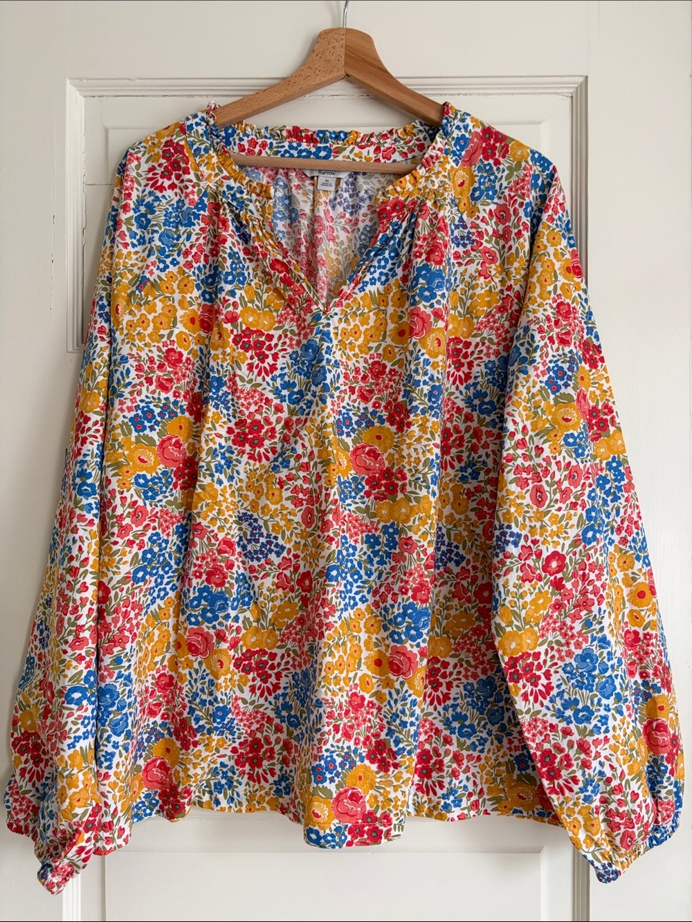Colorful floral cotton peasant top pullover split v-neck balloon sleeve XL